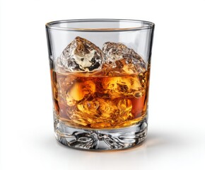 A clear glass tumbler filled with amber liquid and ice cubes stands against a white background.