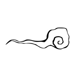 A minimalist black line art illustration of a stylized, swirling cloud or wisp of smoke on a white background.