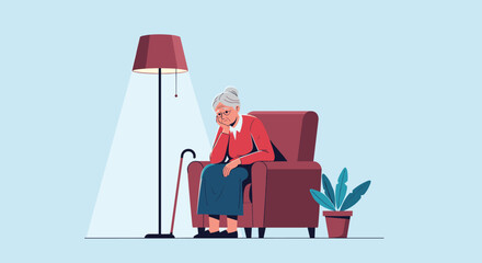Elderly woman feeling lonely and sad while sitting in an armchair by a lamp