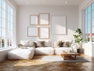 Fototapeta premium A living room with a white couch and a coffee table