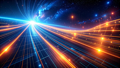 Dynamic digital flow of data and information streams through a futuristic network with vibrant light trails and starfield background