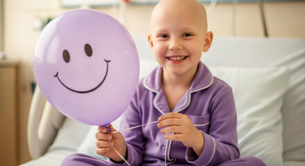 Little bald girl in pajamas smiling at camera while holding a vibrant lavender balloon with a happy face in a hospital room. Childhood cancer concept