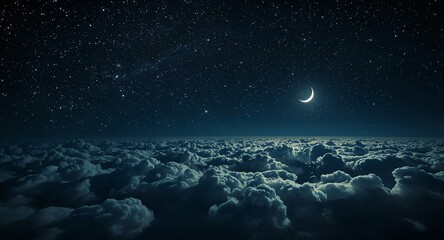 Majestic view from above the clouds with a glowing crescent moon and countless stars in the deep blue night sky