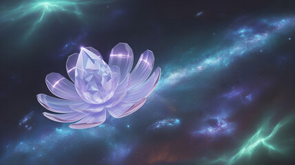 Celestial lotus flower blooming in a vibrant galaxy with cosmic wonders around it
