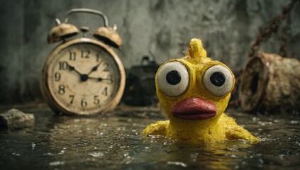 A distressed yellow rubber duck, seemingly trapped in a murky pool, with an antique alarm clock in the background