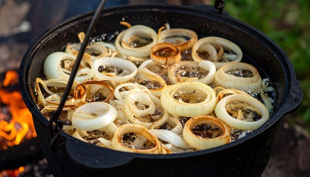 Golden-brown onion rings are being fried in a large, dark-colored pot over an outdoor fire.