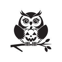 Obraz premium Halloween Owl Holding a Jack-O'-Lantern on a Tree Branch Vector