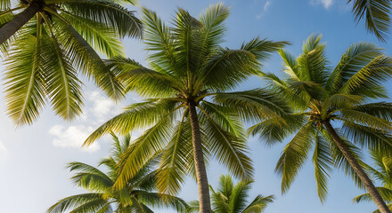 Fototapeta premium Palm trees against a bright blue sky creating a tropical paradise background