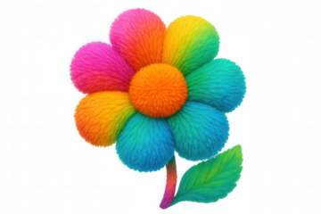 Rainbow colored furry flower with transparent background, perfect for children illustrations or fantasy projects