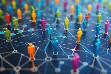 Network construction concept. A lot of people who glow in different colors are lined up in the network chain