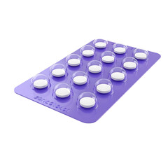 A purple blister pack containing round white pills.
