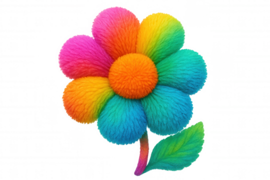 Rainbow colored furry flower with transparent background, perfect for children illustrations or fantasy projects