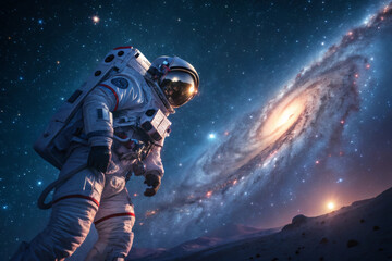 Floating astronaut breaking apart into luminous cosmic dust streams within starry cosmos, detailed nebula and planets in background