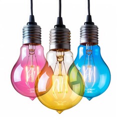 Three bulbs of different colors hanging on a white background
