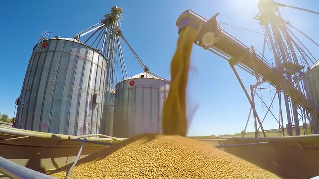 Golden Grain Pouring into Storage Silos Under a Bright Sunny Sky: A Detailed View of Agricultural Harvest in Rural Setting. The scene showcases large