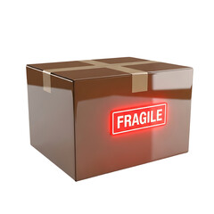 A brown cardboard box, sealed with tape, prominently displays a glowing red "FRAGILE" label, signifying careful handling required during shipping or transport.