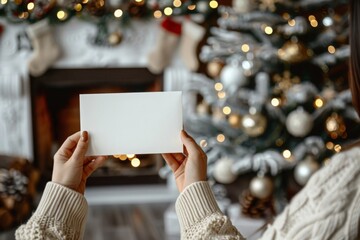 Female hands holding blank postcard on the background of fireplace with Christmas decorations