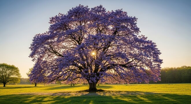 Majestic blooming jacaranda tree in sunlit green meadow at sunrise