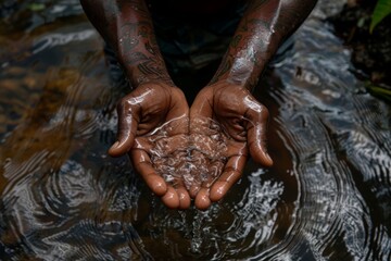 The hands of a black man hold the weather water against the background of a clear stream