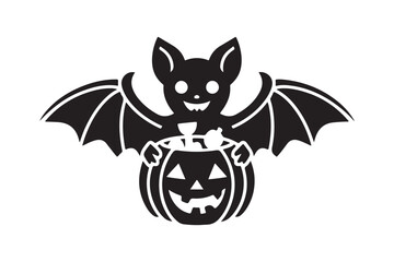 Obraz premium Halloween Bat Holding a Jack-O'-Lantern Candy Bucket Silhouette Icon