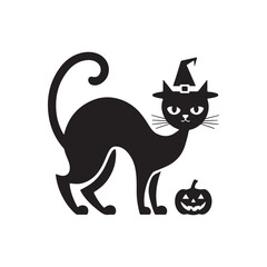 Fototapeta premium Spooky Black Cat with Arched Back Wearing a Witch Hat and Standing Beside a Pumpkin