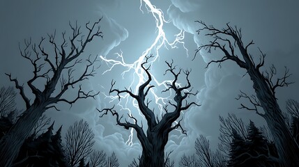 Dark illustration of spooky lightning in the night sky, with silhouettes of trees creating a haunting atmosphere.