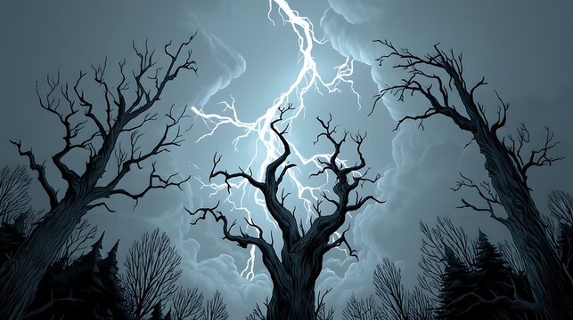 Dark illustration of spooky lightning in the night sky, with silhouettes of trees creating a haunting atmosphere. - Powered by Adobe