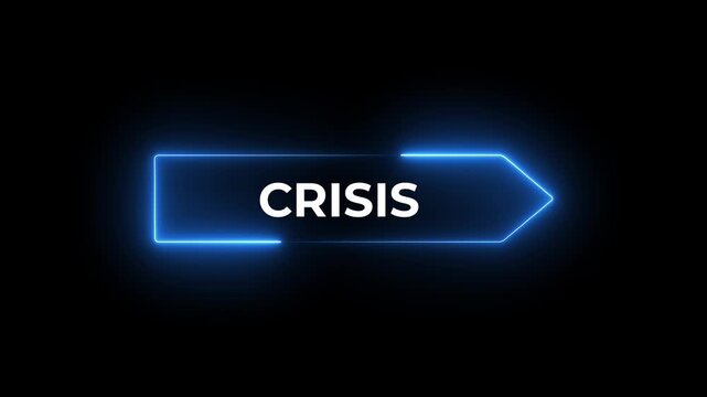 Signpost with Crisis wording. 3D rendering. glow neon line and left to right direction arrow animation on a black background.
