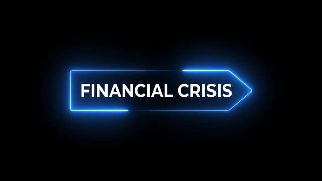 Signpost with Financial crisis wording. 3D rendering. glow neon line and left to right direction arrow animation on a black background.