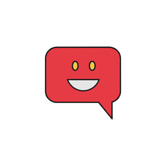 A cheerful red and yellow speech bubble icon with a smiling happy face