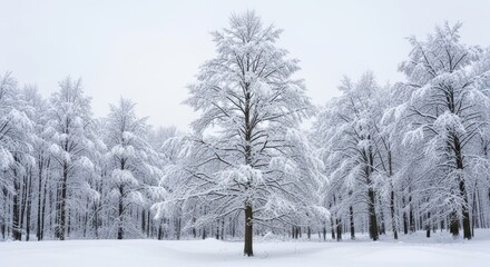 Snow-covered trees in serene winter forest landscape