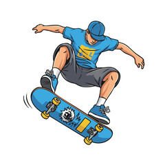 Fototapeta premium Young man in blue shirt and cap performing a skateboard trick and mid-air jump