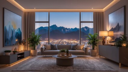 Contemporary apartment living space showcases luxury with city view, high fidelity detail, and modern design for upscale living and scenic landscape.