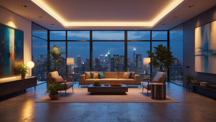 Sophisticated minimalist living room interior design featu high fidelity and a stunning city skyline view du twilight hours beautifully lit.