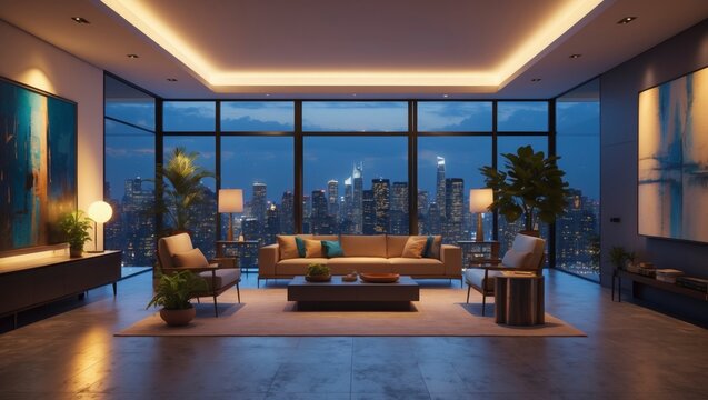 Sophisticated minimalist living room interior design featu high fidelity and a stunning city skyline view du twilight hours beautifully lit.
