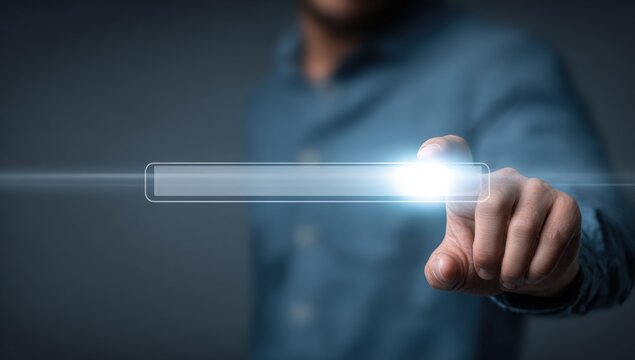 Person interacts with a glowing search bar