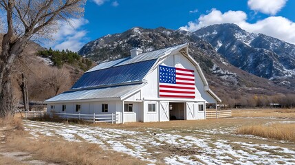 American Flag Barn Under Clear Sky Beside Snow-Capped Mountains in Beautiful Landscape View
