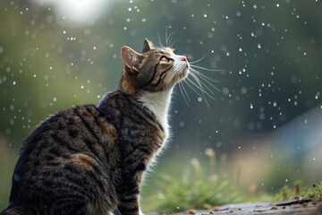 Beautiful cat sitting still under gentle rainfall, looking up as raindrops sparkle in the air