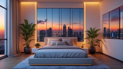 Minimalist bedroom design featu a stunning sunset skyline view through tall creating a serene and modern high fidelity ambiance.