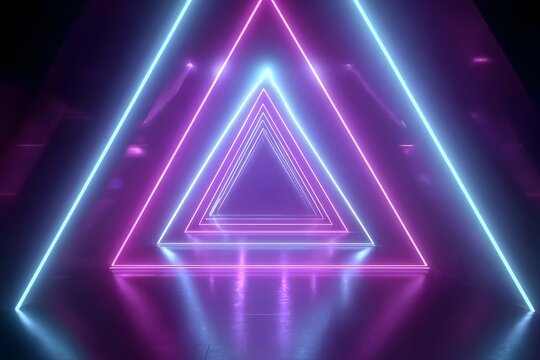 3D render, abstract neon background with glowing triangles in the shape of a triangular tunnel,