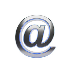 Obraz premium Metallic 3D rendering of the at symbol, showcasing a sleek, modern design with blue accents.