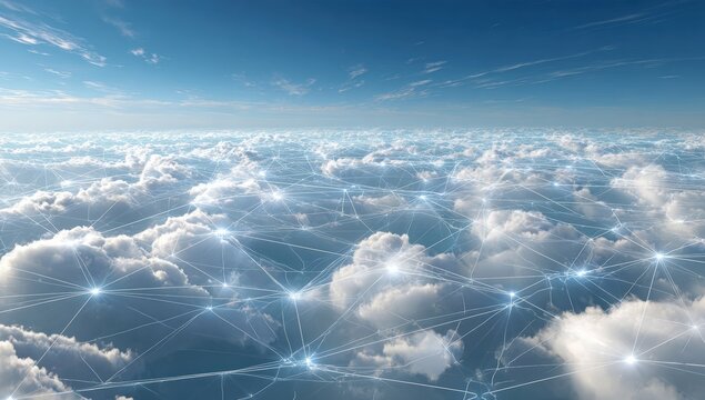 A network of light lines connecting clouds against a vibrant blue sky - Powered by Adobe