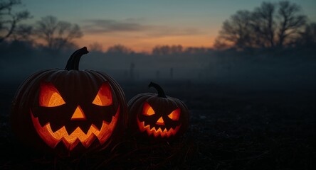 Sinister carved Jack-o'-lanterns illuminating a spooky, foggy landscape during a Halloween twilight