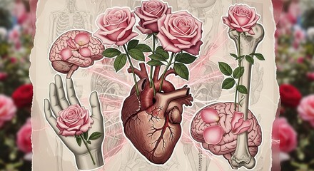 Anatomical Roses: A Symbolic Collage of Heart, Brain, Bone, and