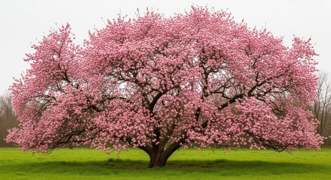 Majestic blooming pink cherry blossom tree in lush green field under cloudy sky