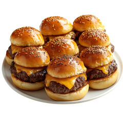 Delicious mini cheeseburgers with sesame seed buns are arranged on a white plate perfect for catering parties or a tasty appetizer spread on transparent background