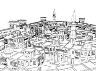 Arabic cityscape contour drawing features a detailed mosque and buildings sketched against a stark white background.