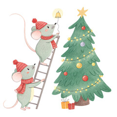 A cute watercolor illustration of two white mice decorating a Christmas tree. One mouse is standing on a wooden ladder White Background