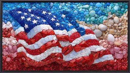Colorful Mosaic Art Depicting American Flag Made from Multi-Colored Stones and Pebbles