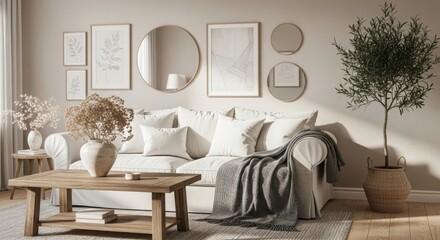 Serene living room with a plush white sofa rustic wooden coffee table and an array of decorative mirrors on the wall